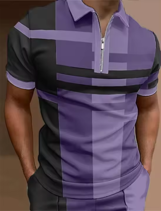 Polo para hombre, Polo con cuello, camisa de golf, estampado gráfico, geometría, apertura EAL, manga corta, ropa con cremallera, top de diseñador - 1