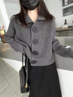 Cárdigan de lana suave para mujer, chaqueta con cuello grande con botones, suéter de punto acanalado - details 4