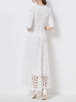 Elegante Vestido Maxi Blanco VGH Cuello en V, Manga Alta, Cintura Recortada, Adelgazante - details 5