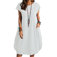 2025 Primavera/Verano Vestido de bolsillo sólido informal suelto de algodón y cáñamo para mujer - details 4