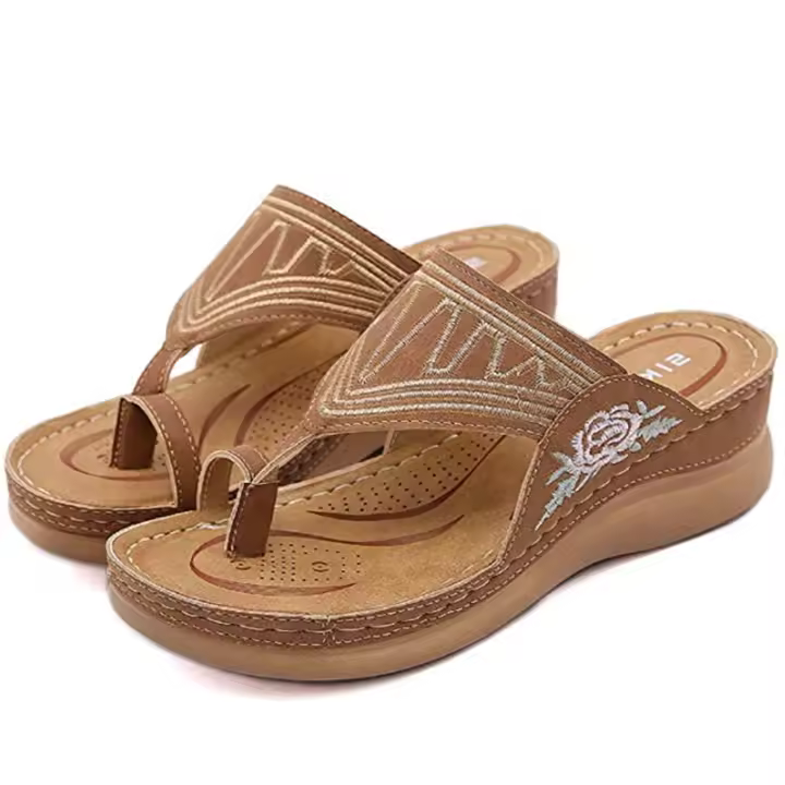 Sandalias planas de espiga para mujer, chanclas ortopédicas bordadas, cómodas y elegantes, Verano - 1