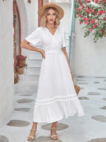Vestido largo de encaje formal con cuello en V para mujer, con volantes y flecos, manga corta, estilo bohemio, para invitados de boda - details 15