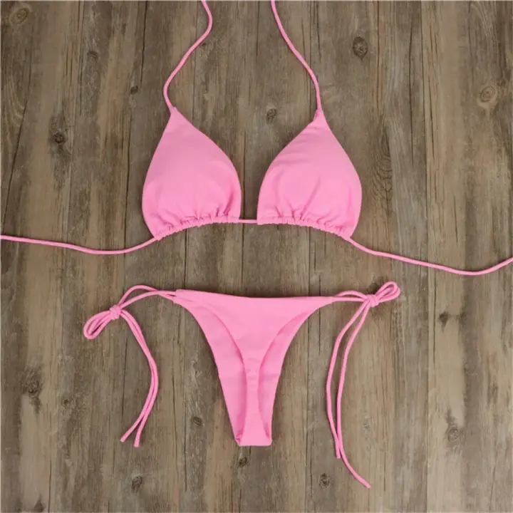 Traje de baño de dos piezas para mujer, conjunto de Bikinis, tangas de vendaje Rosa Sexy, sólido - 1