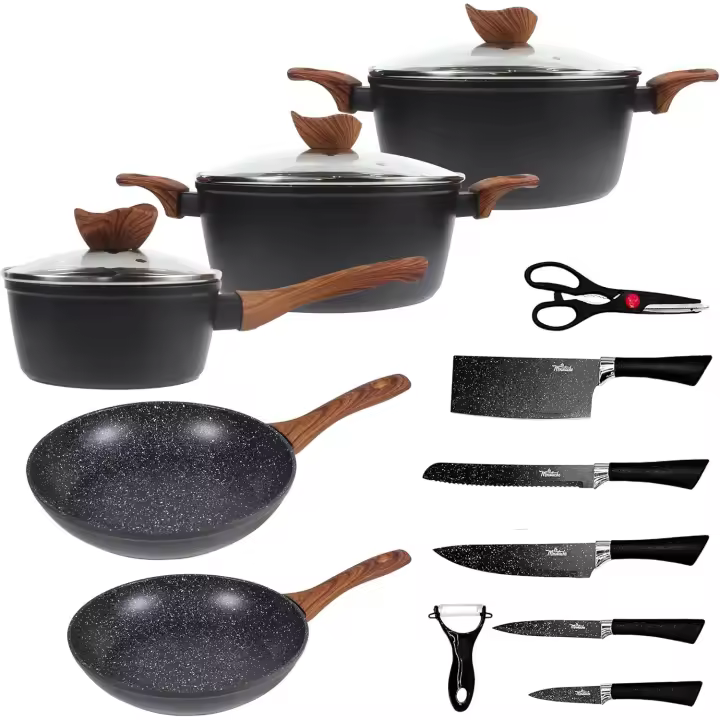Batería de Cocina de Aluminio con Antiadherente |   8 Piezas Callao + 5 Cuchillos Inoxidables con Pelador de Verduras y Tijeras, Ollas/Sartenes para Todas las Cocinas, Incluso Inducción - 1