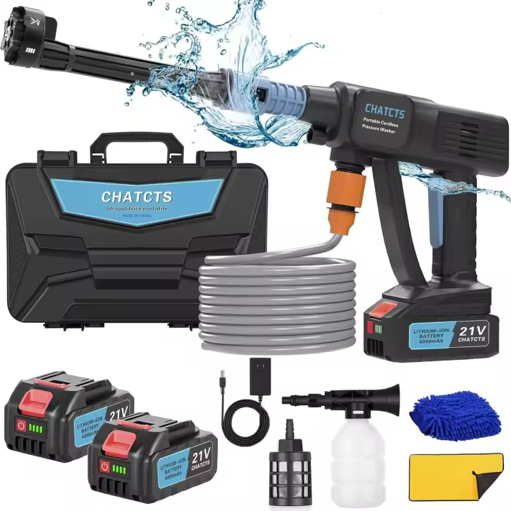 Lavadora a presión inalámbrica portátil, lavadora a presión inalámbrica para automóvil de 980 PSI con 2 baterías, boquilla 6 en 1, manguera de 5 metros, para riego, limpieza, lavado de automóviles, lavado de pisos - 1