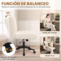 Silla de Oficina sin Reudas, Silla Piernas Cruzadas con Función Mecedora, Silla de Escritorio Ancha para Juegos, Silla de Maquillaje sin Brazos para Casa, Marfil - details 12