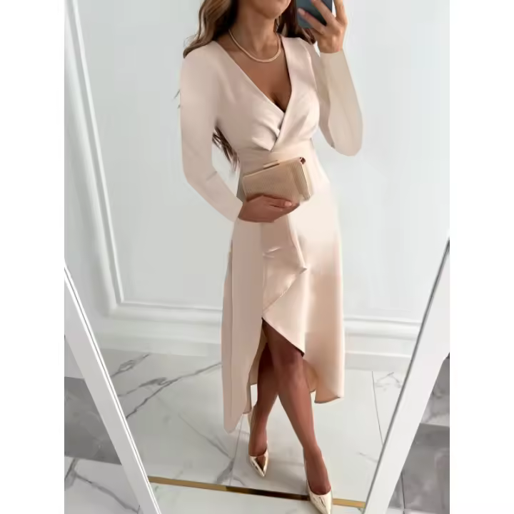 Vestido ajustado para mujer，Sexy elegante vestido Midi de manga larga profundoVVestido de fiesta con cuello - 1