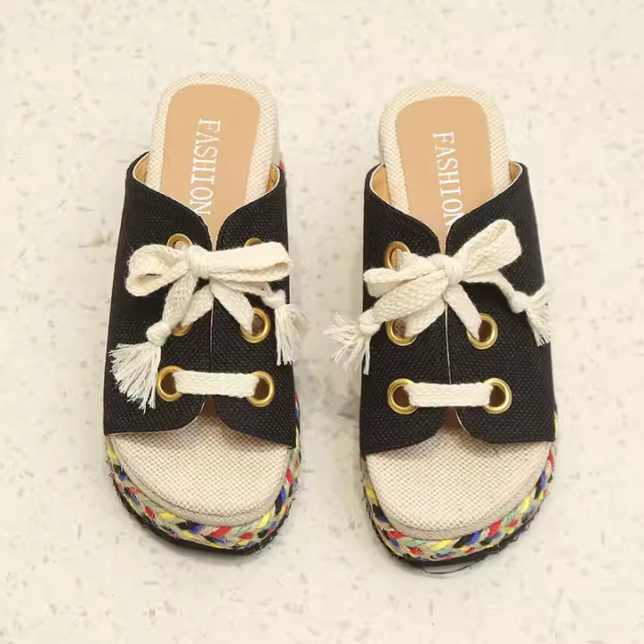 Nuevas zapatillas tejidas con bloques de color de cuña de verano para mujer, sandalias de tacón alto con cordones de paja de gran tamaño - 1
