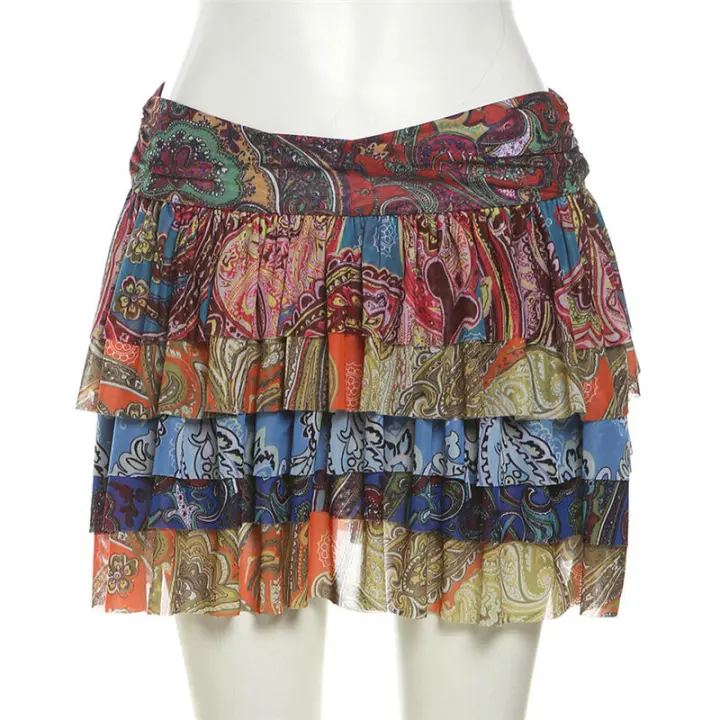 BUNO-Vintage escalonadas para mujer, dobladillo con volantes en capas, minifaldas coloridas de línea A, ropa de calle de tendencia de verano - 1