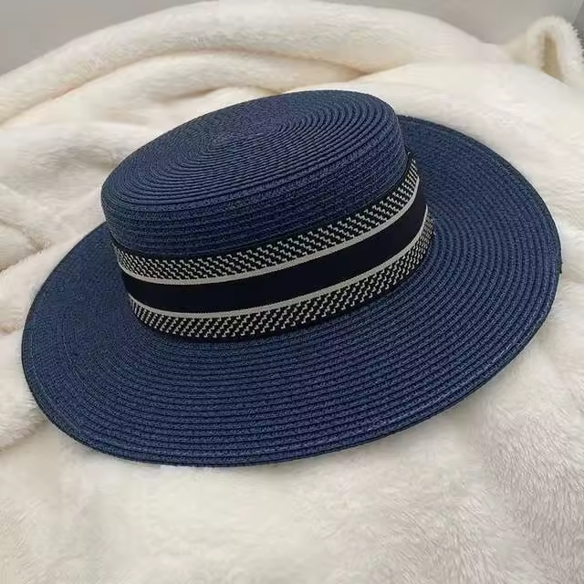 Tendencia moda verano plano ancho tejido para mujeres vacaciones playa protector solar cinta superior señoras sombrero de paja - 1