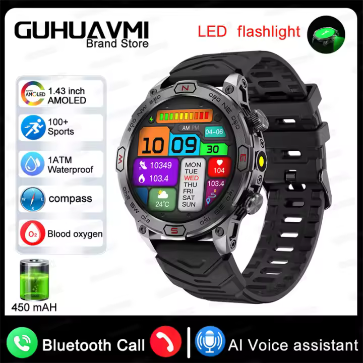 Nuevo Reloj Inteligente Militar para Exteriores, para Hombres Watch,Brújula,voz IA, Llamada Bluetooth, Fitness, GPS, Pista Deportiva,Impermeabilización 1ATM,IIReloj Inteligente Para Android, , IOS, Batería súper grande de 450mah - 1