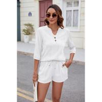 BUNO-2025 Conjunto de camiseta holgada sin mangas con cuello en V y pantalón corto con bolsillos, traje informal cómodo de Color puro para primavera y verano - details 22