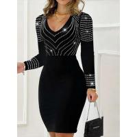 Vestido ajustado con cuello en V, moda de fiesta de noche con diamantes de imitación - details 1