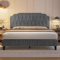 Tapizado en terciopelo Cama de matrimonio con cabecera ajustable en altura Marco de cama Soporte con listones de madera 160 × 200 cm Beige - details 24