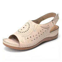 Women Hollow Out Flat Sandals Solid Color Ankle Strap Non-slip Open Toe Shoes Retro Outdoor Sandals - details 3