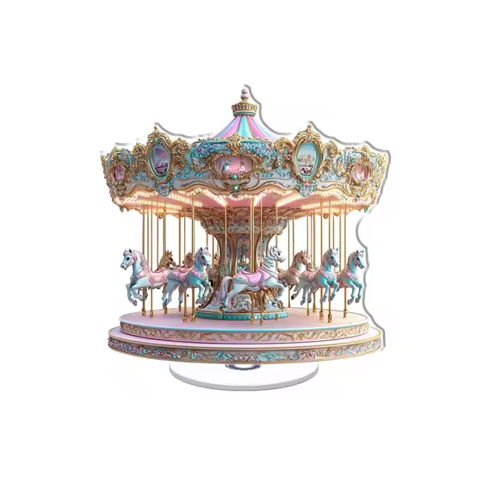 Adorno acrílico giratorio con un caprichoso carrusel en colores pastel con diseños intrincados y colores vibrantes, ideal para agregar encanto a cualquier decoración. - 1