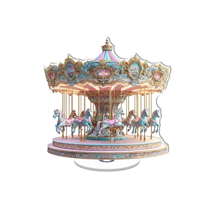 Adorno acrílico giratorio con un caprichoso carrusel en colores pastel con diseños intrincados y colores vibrantes, ideal para agregar encanto a cualquier decoración. - 1