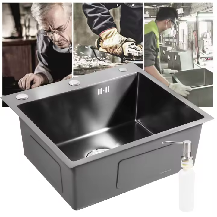 Fregadero de cocina empotrable de acero inoxidable, 50 x 45 cm, con escurridor con dispensador de jabón, color negro mate - 1