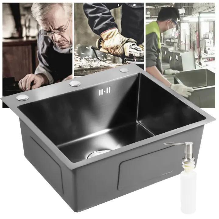 Fregadero de cocina empotrable de acero inoxidable, 50 x 45 cm, con escurridor con dispensador de jabón, color negro mate - 1