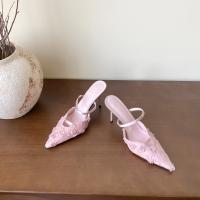 Nuevo temperamento puntiagudo rosa bolsa cabeza media zapatillas mujer malla encaje stiletto tacones altos - details 27