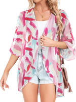 Kimono de gasa ligero con estampado Floral para mujer, cárdigan de manga corta, blusa holgada para la playa, talla grande - details 0