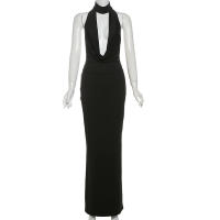 BUNO-Vestido con cuello Halter y huecos de gato extraño para mujer, vestido Sexy sin mangas con aberturas y cuello bajo, vestido ceñido largo coqueteo para banquete de medianoche - details 6