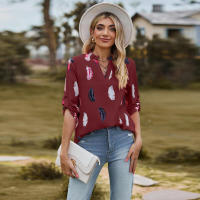 Camisa con estampado de plumas de tres cuartos y manga e para mujer, cuello en V, otoño, nueva - details 24