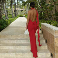 BUNO-vestido largo con cuello en V para mujer, prenda elegante con espalda descubierta, cintas, bodycons, fiesta de noche - details 10