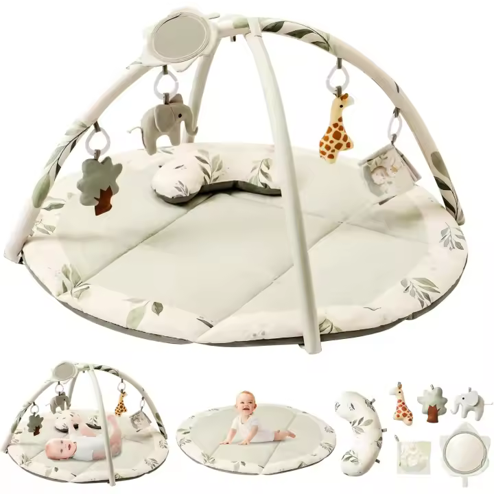 para Bebé, Tapete de Actividades, Manta de Juegos Plegable con 5 Juguetes Colgantes, Espejo y Almohada -Alfombra Acolchada para el Gateo, Desarrollo Infantil, 0-3-6-12 Meses(Verde) - 1