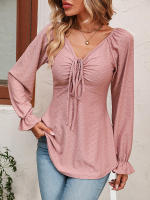 Blusa acampanada de manga larga con cuello en V para mujer, camiseta Sexy con cordón en la cintura, Tops elegantes para primavera y otoño, 2023 - details 5