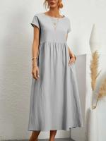 Vestido retro liso elegante de lino y algodón de manga corta con cuello redondo para mujer, vestido suelto informal de verano 2023 - details 3