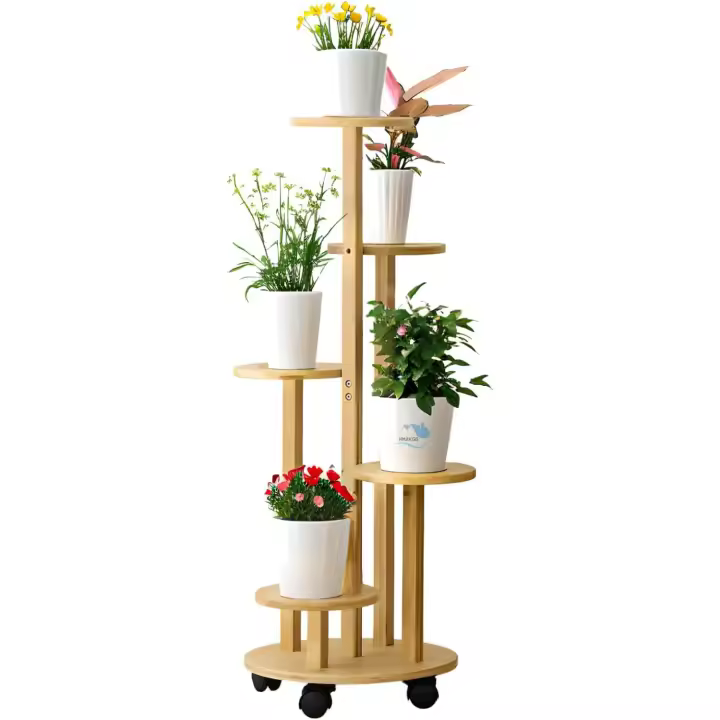 Plantas Interior con Ruedas, Estanteria para Plantas 5 Niveles, Estante de Esquina Para Múltiples Macetas, Soporte Para Plantas Bambú Estantería Exhibición Jardín/Balcón - 1