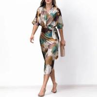Vestido largo para mujer Informal de verano, para oficina, con manga y cuello en V, longitud de cintura con cinturón, vestidos de fiesta con abertura y lazo - details 1