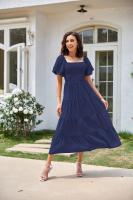 Vestido de manga corta fruncido con cuello cuadrado y espalda descubierta a la moda para mujer - details 29