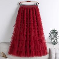 Falda larga con flecos de malla para mujer, vestido de pastel con volantes, línea A, púrpura, rojo, verde, negro - details 3