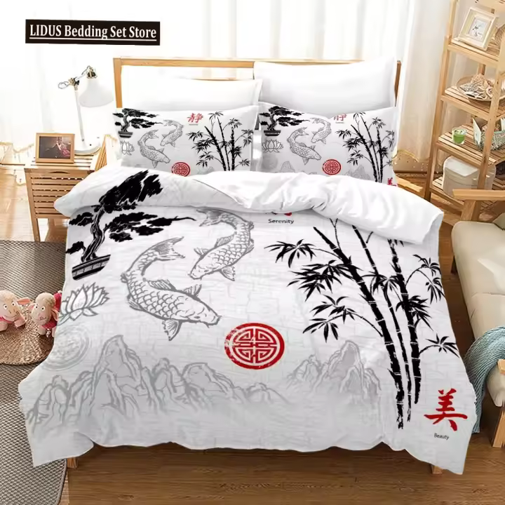 Funda nórdica con pintura de tinta tamaño King Queen, maletero de árbol, sol, ciruela, flor, paisaje Natural de invierno, colchas de poliéster para niños - 1