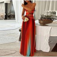 Vestido largo elegante con estampado degradado para mujer, vestido sin tirantes con agujeros y cintura alta, bata A e para mujer, moda Primavera 2025, vestidos elegantes para mujer - details 3