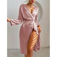 Elegante albornoz de satén para mujer, color sólido, comodidad sedosa con cinturón, ropa de dormir larga hasta la rodilla - details 4
