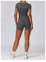 Conjunto de Yoga Sin Costuras para Mujer 2 Piezas Traje de Gimnasio con Top Corto de Manga Corta y Shorts para Correr Ropa Deportiva Activa Material Exterior de Nylon - details 13