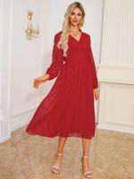 Vestido largo de manga larga con cuello en V para mujer, vestido elegante de corte en A, Color liso Vintage, estético, nuevo en oferta - details 9