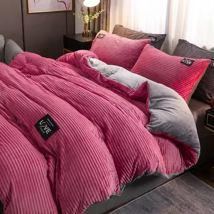 Juego de funda de edredón de terciopelo con funda de almohada, ropa de cama gruesa y cálida de invierno, edredón doble, tamaño Queen, Color sólido - 1
