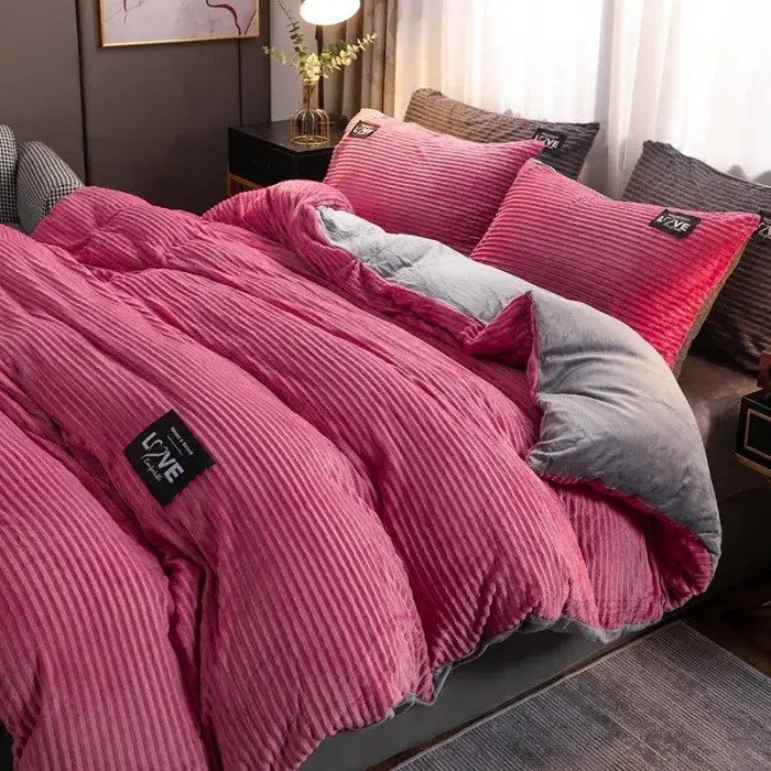 Juego de funda de edredón de terciopelo con funda de almohada, ropa de cama gruesa y cálida de invierno, edredón doble, tamaño Queen, Color sólido - 1