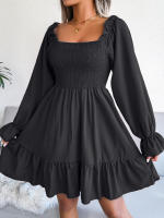 Vestido elegante de manga larga para mujer, falda de cuello cuadrado, de Color sólido vestido de volantes, moda de primavera y otoño - details 25