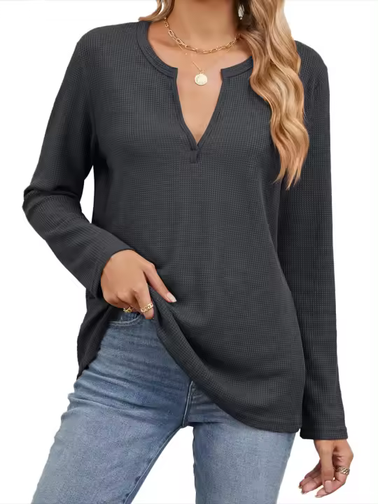 Camiseta de mujer primavera otoño cuello en V color sólido top suelto mujeres 90s coreano reseñas mucha ropa - 1