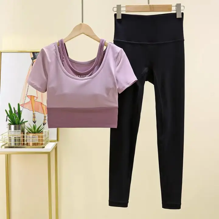 Conjunto de Yoga de Alta Gama para Mujeres Secado Rápido Manga Corta Cuello Redondo - 1