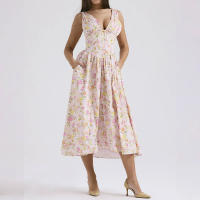 Verano nuevo temperamento commuter color sólido cuello en V halter falda vestido largo medio - details 2