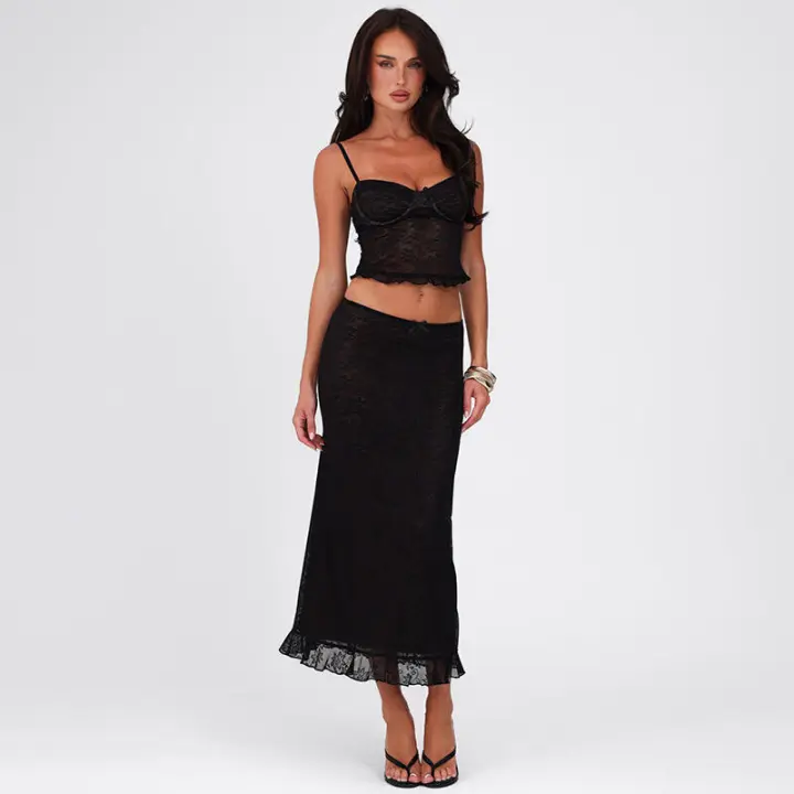 BUNO-Conjunto de 2 piezas de encaje de gato extraño para mujer, camisola de retazos de líneas oscuras con flores de Jacquard y parte inferior de encaje de pierna recta, traje a juego - 1