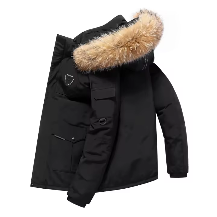 Chaqueta corta de plumón para hombre, chaqueta informal con cuello de piel gruesa de invierno, Nueva - 1
