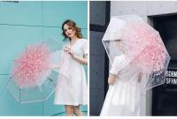 Paraguas coreano lindo mini fresco triple japonés flor de cerezo paraguas transparente, impermeable y resistente al viento - details 3