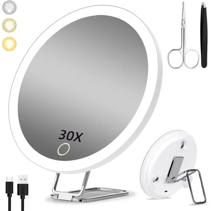 Espejo de Aumento con luz 30X, Espejo de Maquillaje Iluminado de 15cm con 3 Modos de Color y 30 aumentos - 1
